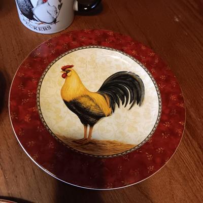 4 ROOSTER DESSERT PLATES, IRON TRIVET, SHALLOW BOWL AND COFFEE MUG