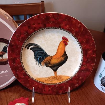 4 ROOSTER DESSERT PLATES, IRON TRIVET, SHALLOW BOWL AND COFFEE MUG