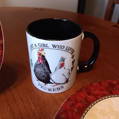 4 ROOSTER DESSERT PLATES, IRON TRIVET, SHALLOW BOWL AND COFFEE MUG