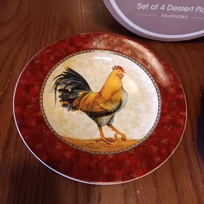4 ROOSTER DESSERT PLATES, IRON TRIVET, SHALLOW BOWL AND COFFEE MUG