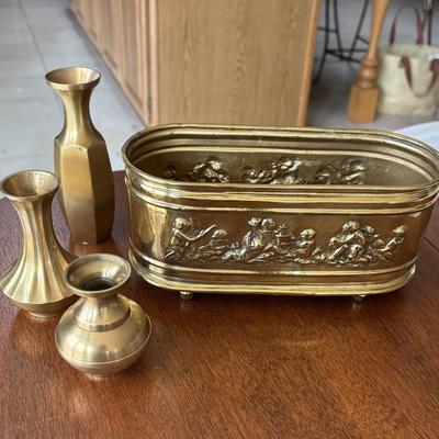 Brass Oval Planter & Bud Vases (K-SF)