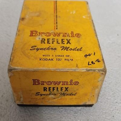 Sale Photo Thumbnail #333: Kodak Brownie Reflex Synchro in box. Fits medium flat rate box