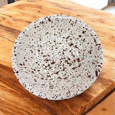 Sale Photo Thumbnail #111: Paden City Pottery Brown Splatterware  "Confetti" Dinnerware  Total of 9 Pieces.  Set includes 5-9.5" Plates, 1- 8" Bowl, !-9" Bowl with small chip on the underside (See Photo), 1- Large 13" Round Platter, 1- Large 14" Oval Platter