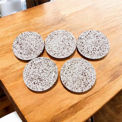Sale Photo Thumbnail #110: Paden City Pottery Brown Splatterware  "Confetti" Dinnerware  Total of 9 Pieces.  Set includes 5-9.5" Plates, 1- 8" Bowl, !-9" Bowl with small chip on the underside (See Photo), 1- Large 13" Round Platter, 1- Large 14" Oval Platter
