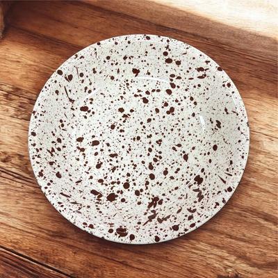 Sale Photo Thumbnail #112: Paden City Pottery Brown Splatterware  "Confetti" Dinnerware  Total of 9 Pieces.  Set includes 5-9.5" Plates, 1- 8" Bowl, !-9" Bowl with small chip on the underside (See Photo), 1- Large 13" Round Platter, 1- Large 14" Oval Platter