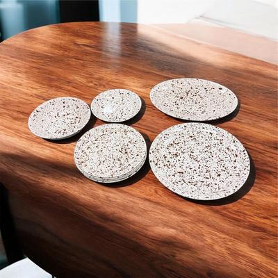 Sale Photo Thumbnail #116: Paden City Pottery Brown Splatterware  "Confetti" Dinnerware  Total of 9 Pieces.  Set includes 5-9.5" Plates, 1- 8" Bowl, !-9" Bowl with small chip on the underside (See Photo), 1- Large 13" Round Platter, 1- Large 14" Oval Platter