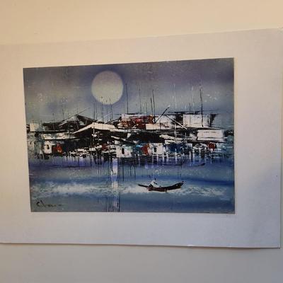 Sale Photo Thumbnail #446: This auction lot is for a nice piece of Shanghai Tourist Art.  This artist signed watercolor shows the shore of this major Chinese city in a calm, warming light.  Measures about 8X11-inches. Mounted on hard cardboard with cello overwrap.