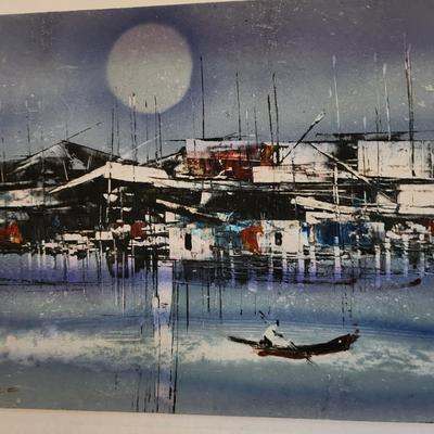 Sale Photo Thumbnail #449: This auction lot is for a nice piece of Shanghai Tourist Art.  This artist signed watercolor shows the shore of this major Chinese city in a calm, warming light.  Measures about 8X11-inches. Mounted on hard cardboard with cello overwrap.