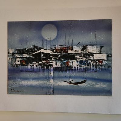 Sale Photo Thumbnail #447: This auction lot is for a nice piece of Shanghai Tourist Art.  This artist signed watercolor shows the shore of this major Chinese city in a calm, warming light.  Measures about 8X11-inches. Mounted on hard cardboard with cello overwrap.