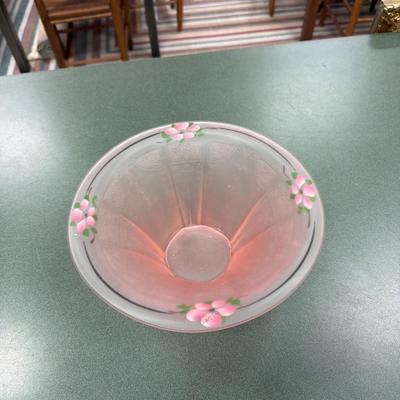Sale Photo Thumbnail #119: Vintage Anchor Hocking Princess Pattern Pink Satin Depression Glass Hat Bowl.  Reverse Painted Pink Flowers on the Rim.  Approximately 9.5" Wide