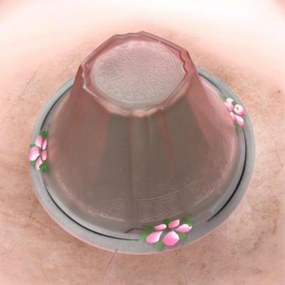 Sale Photo Thumbnail #117: Vintage Anchor Hocking Princess Pattern Pink Satin Depression Glass Hat Bowl.  Reverse Painted Pink Flowers on the Rim.  Approximately 9.5" Wide