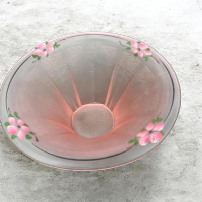 Sale Photo Thumbnail #118: Vintage Anchor Hocking Princess Pattern Pink Satin Depression Glass Hat Bowl.  Reverse Painted Pink Flowers on the Rim.  Approximately 9.5" Wide