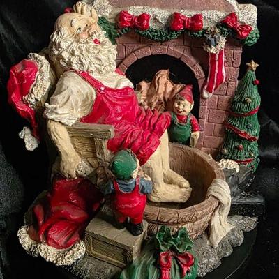 Santa Relaxing by the Fireplace Figurine – 8" Holiday Scene with Elves & Christmas Hearth