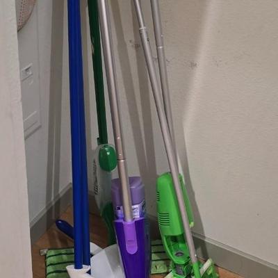 Lot 27: Lot of Misc Cleaning Items - Swiffer's, Broom, Mop, Cleansers