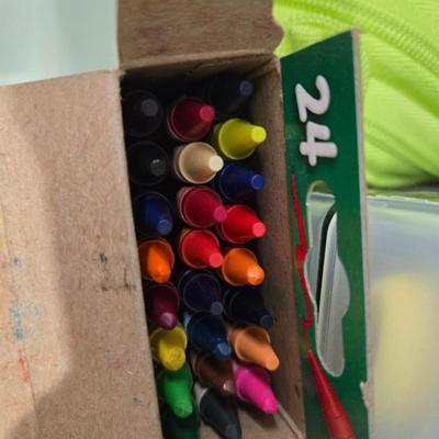 Lot 31: Lot of Office Supplies: Sharpies, Crayons, Paperclips, Stapler