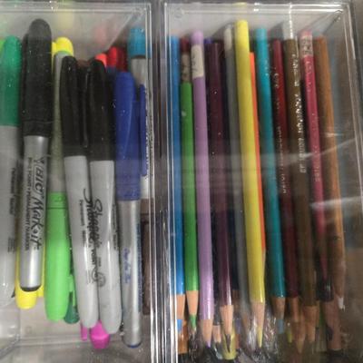 Lot 31: Lot of Office Supplies: Sharpies, Crayons, Paperclips, Stapler