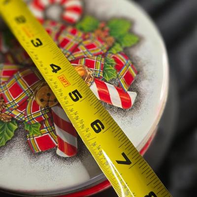 Festive Holiday Tin – Candy Cane & Tartan Bow Christmas Storage Container