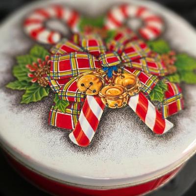 Festive Holiday Tin – Candy Cane & Tartan Bow Christmas Storage Container