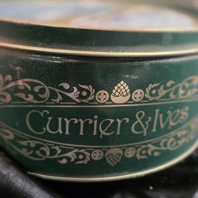 Vintage Currier & Ives Christmas Tin - Home To Thanksgiving Sleigh Scene Canister