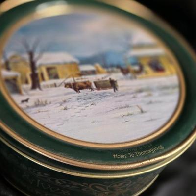 Vintage Currier & Ives Christmas Tin - Home To Thanksgiving Sleigh Scene Canister