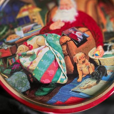 Vintage Norman Rockwell Sleeping Santa Christmas Tin - Holiday Cookie Storage Canister