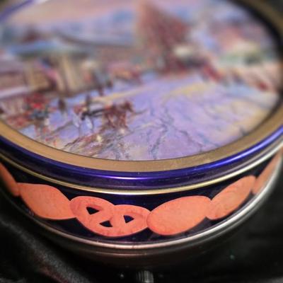 Vintage Holiday Tin – Classic Winter Village Scene with Horse-Drawn Carriage