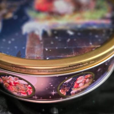 Vintage Santa's Arrival Christmas Tin - Santa & Reindeer Night Sky Holiday Cookie Canister