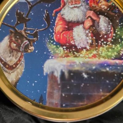 Vintage Santa's Arrival Christmas Tin - Santa & Reindeer Night Sky Holiday Cookie Canister