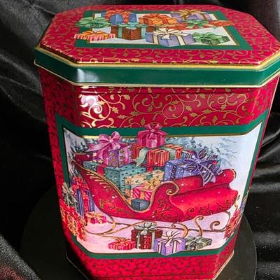 Vintage Stacked Christmas Gifts Tin - Holiday Presents Cookie Storage Canister
