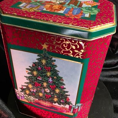 Vintage Stacked Christmas Gifts Tin - Holiday Presents Cookie Storage Canister