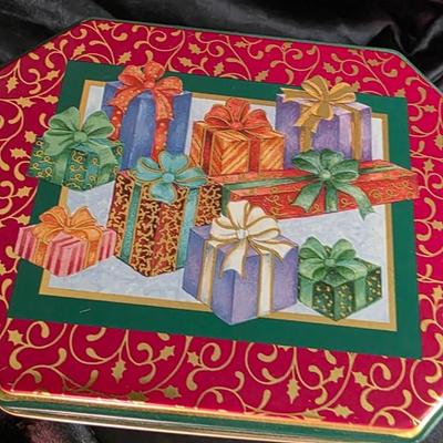 Vintage Stacked Christmas Gifts Tin - Holiday Presents Cookie Storage Canister