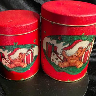 Vintage Christmas Teddy Bear Tin Canister Duo – Festive Red Holiday Storage Set