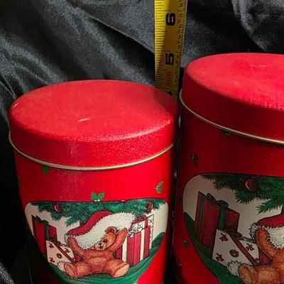 Vintage Christmas Teddy Bear Tin Canister Duo – Festive Red Holiday Storage Set