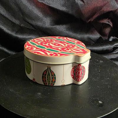 Vintage Christmas Ornament Shaped Tin - Red & Gold Holiday Cookie Canister