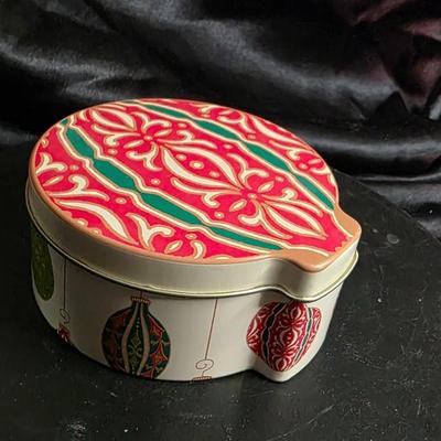 Vintage Christmas Ornament Shaped Tin - Red & Gold Holiday Cookie Canister