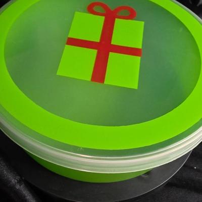 Vintage Neon Green Christmas Gift Tin - Lime Present with Red Bow Holiday Cookie Canister