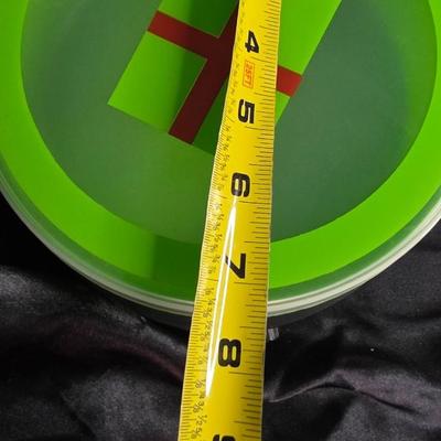 Vintage Neon Green Christmas Gift Tin - Lime Present with Red Bow Holiday Cookie Canister