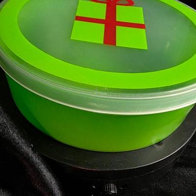 Vintage Neon Green Christmas Gift Tin - Lime Present with Red Bow Holiday Cookie Canister