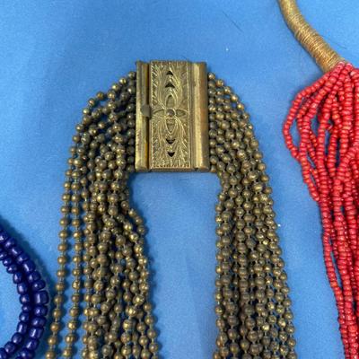 Sale Photo Thumbnail #3: 4 Great necklaces.  The Late-Victorian gold beaded necklace is cool.  The Lapis chunk necklace is nice too.  The Coral (red) looks to be glass.