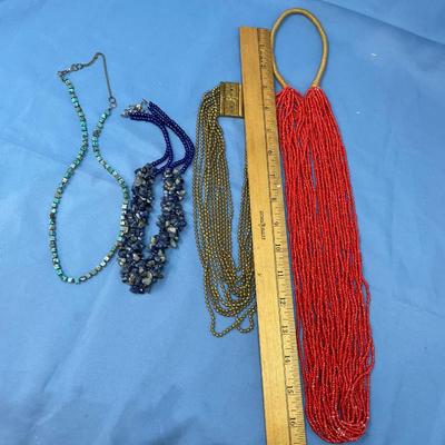 Sale Photo Thumbnail #7: 4 Great necklaces.  The Late-Victorian gold beaded necklace is cool.  The Lapis chunk necklace is nice too.  The Coral (red) looks to be glass.