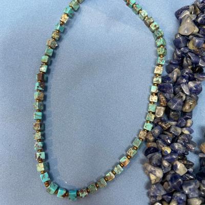 Sale Photo Thumbnail #5: 4 Great necklaces.  The Late-Victorian gold beaded necklace is cool.  The Lapis chunk necklace is nice too.  The Coral (red) looks to be glass.