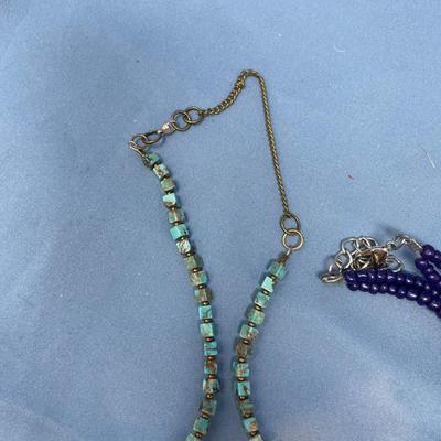 Sale Photo Thumbnail #6: 4 Great necklaces.  The Late-Victorian gold beaded necklace is cool.  The Lapis chunk necklace is nice too.  The Coral (red) looks to be glass.