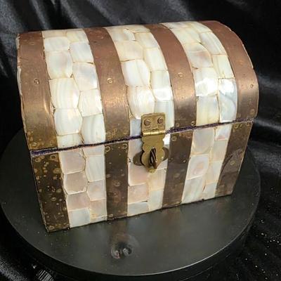 Vintage Made in India Mother of Pearl Inlaid Trinket Box - Brass & Wood Jewelry Chest