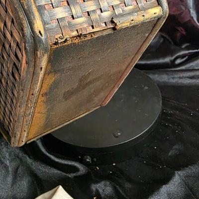 Vintage Woven Bamboo & Wood Trinket Box - Rustic Asian Hinged Jewelry Chest