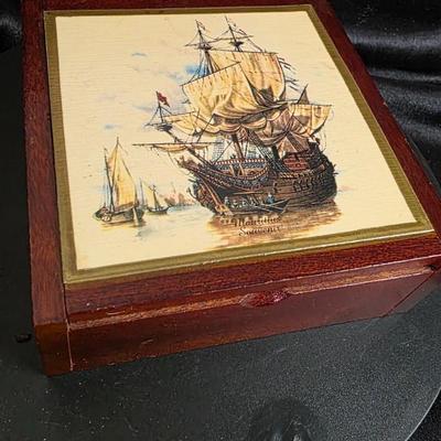 Vintage Nautical Tall Ship Wood Trinket Box - Hand-Painted Sailing Ship Jewelry Chest