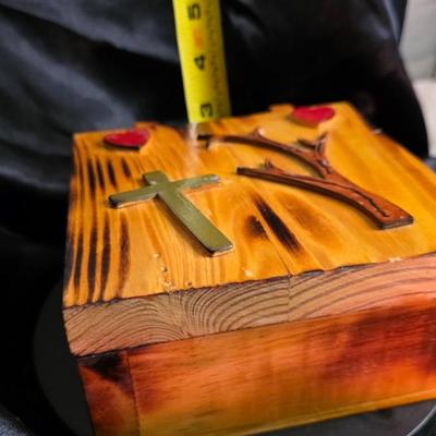Vintage Hand-Carved Wooden Cross & Hearts Trinket Box - Rustic Christian Jewelry Chest