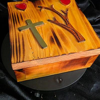 Vintage Hand-Carved Wooden Cross & Hearts Trinket Box - Rustic Christian Jewelry Chest