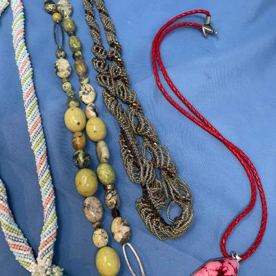Sale Photo Thumbnail #72: The pearls has one strand end needs attached.  The two mini bead necklaces look to be 1920s.
