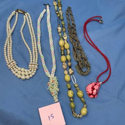 Sale Photo Thumbnail #69: The pearls has one strand end needs attached.  The two mini bead necklaces look to be 1920s.