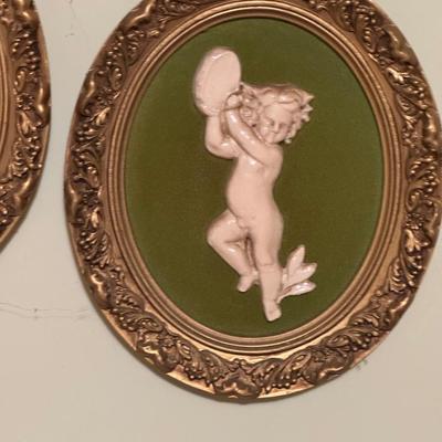 Cherub Art Chalkware Pink & Framed